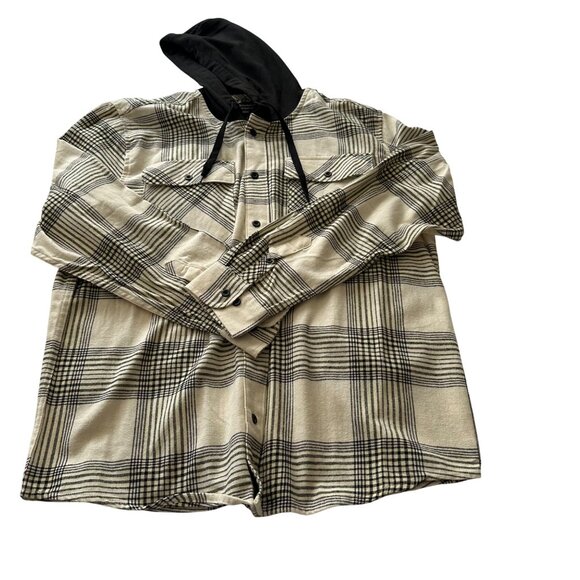 No Boundaries Jackets & Blazers - No Boundaries Oversized Men's Large Black Cream Plaid Hooded Flannel Shacket NWT